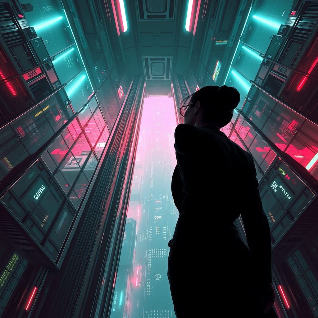 Endless Elevator Shaft in Neon Dystopian Style