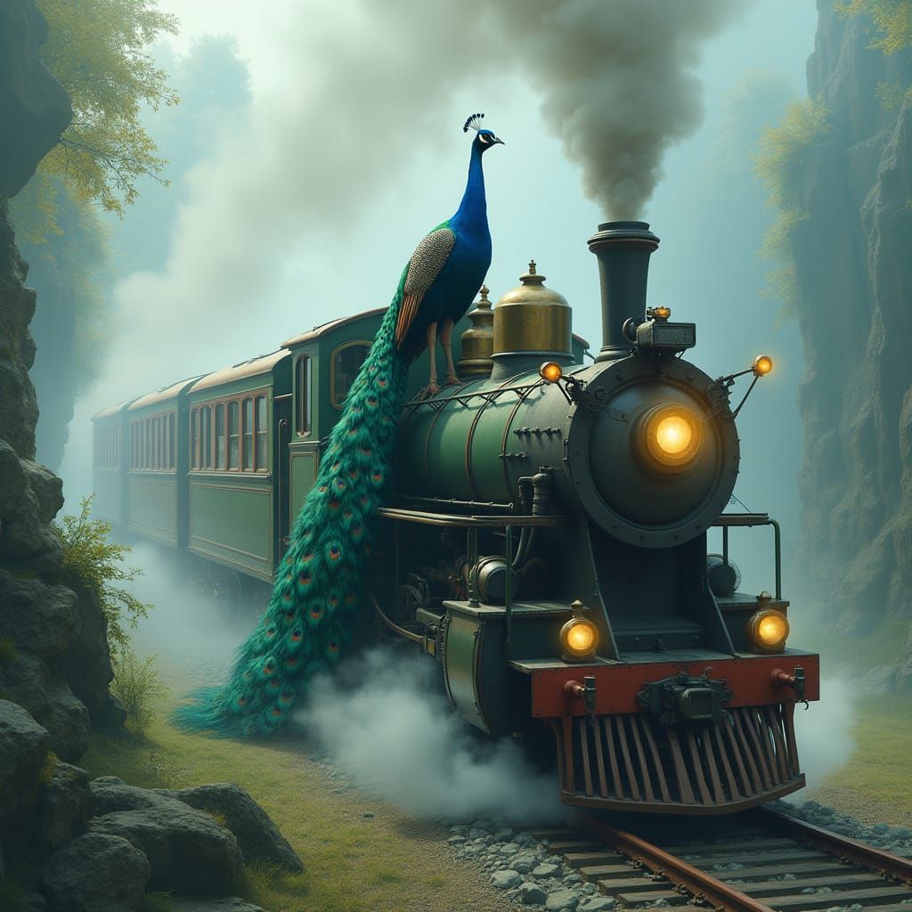 Majestic Peacock Leads Vintage Train Through Misty Valley