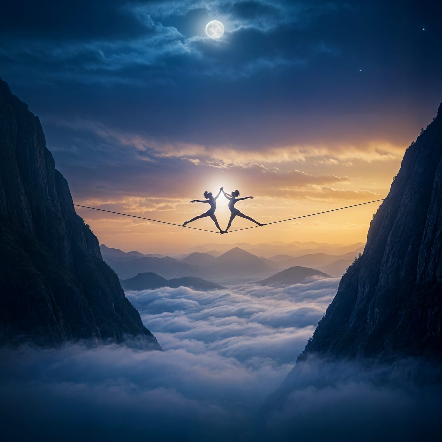 Ethereal Dance Between Mountains Under Twilight Sky