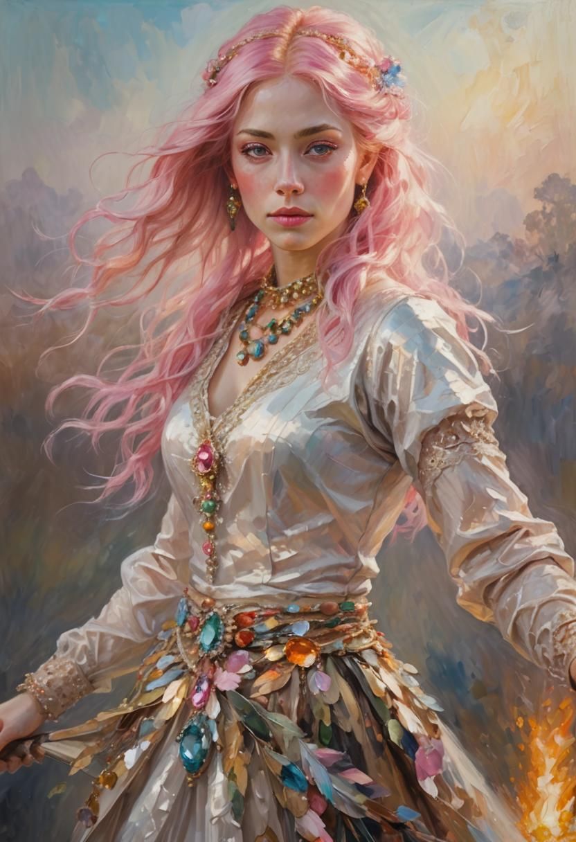 Radiant Portrait with Gemstone Necklace in Oil Paint