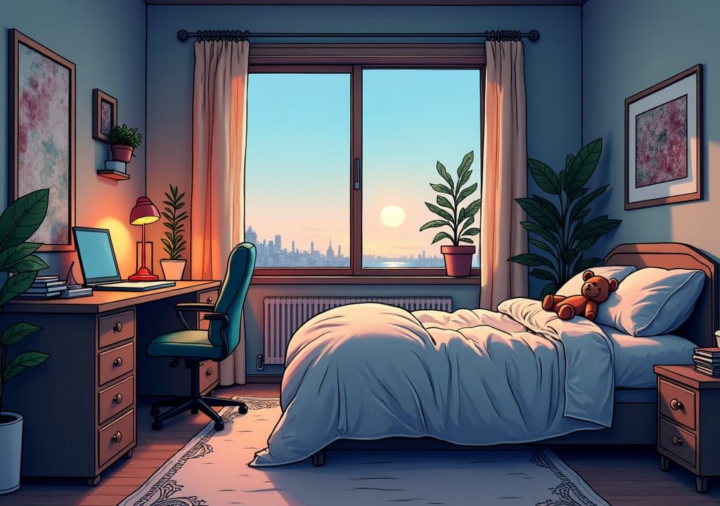Cozy Bedroom Illustration with Evening Light