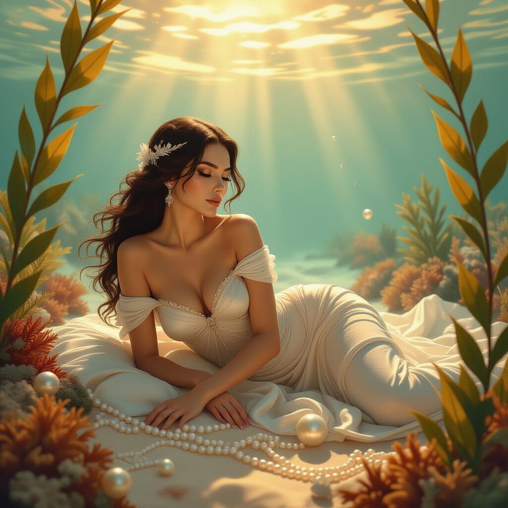 Serene Sea Goddess Resting in Golden Light