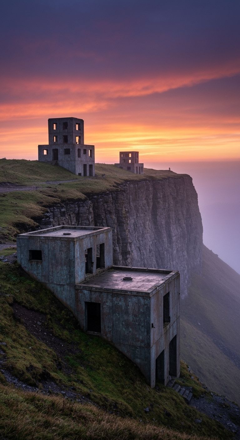 Stranded Warship on Rocky Cliff in Post-Apocalyptic Style