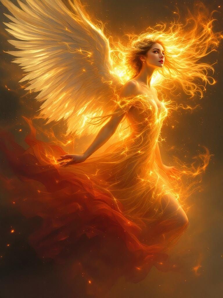 Celestial Woman with Fiery Lover in Romantic Realism Style