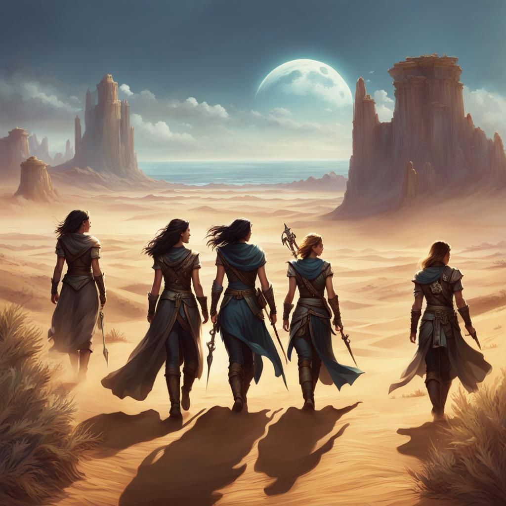 Fantasy Adventurers Trek Through Desert Landscape