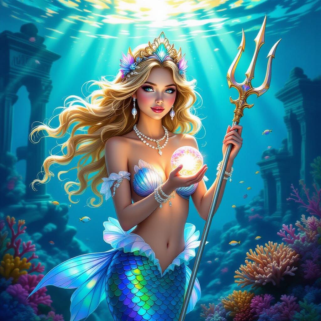 Enchanting Mermaid with Golden Hair and Seashell Crown