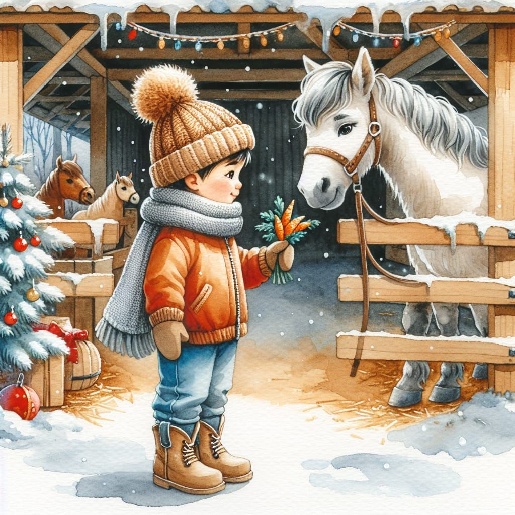 Winter Watercolor Scene of Boy Feeding Horse in Stable