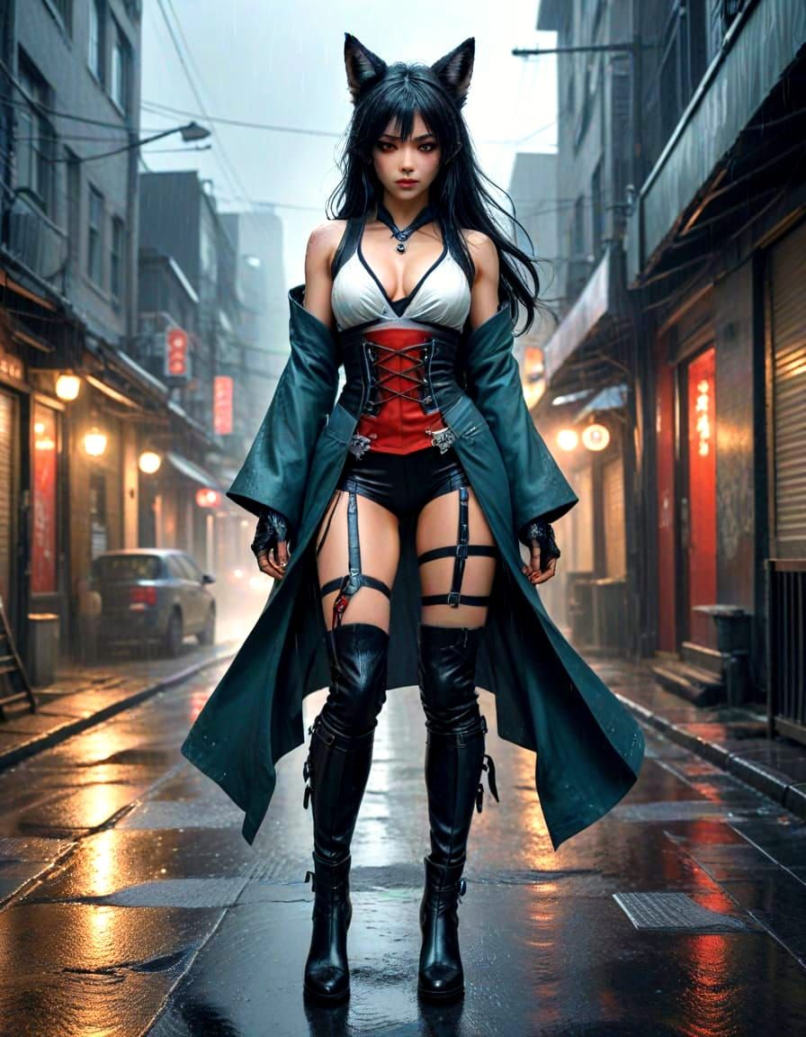 Cyberpunk Goddess Emerges from Rainy City Streets
