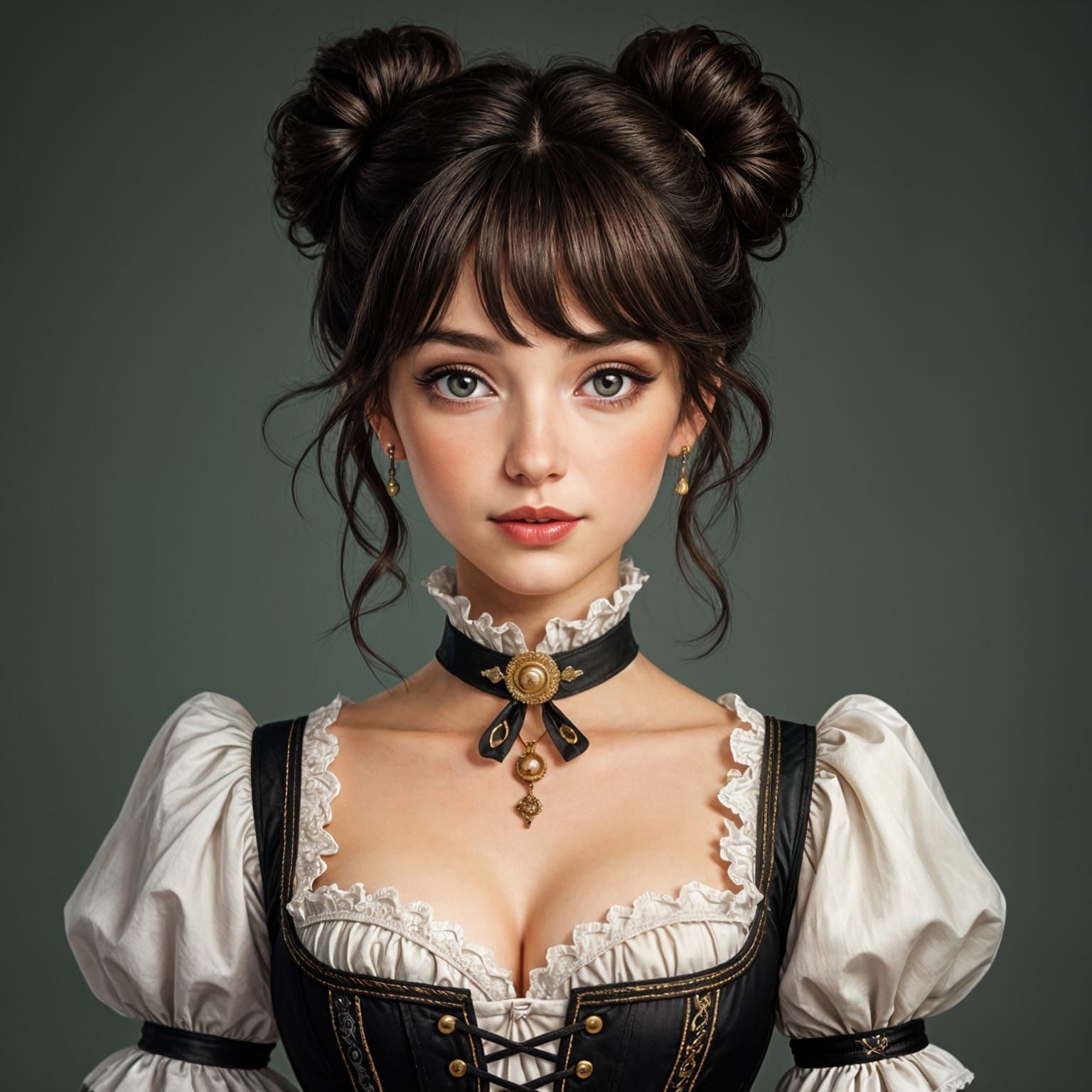 Victorian Brunette in Corset with Buns and Bangs