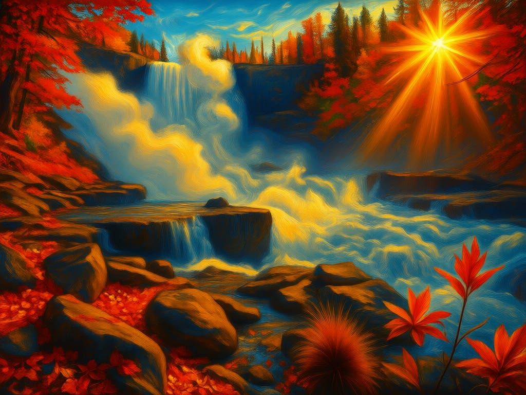 Autumn Waterfall in Rocky Gorge with Golden Light