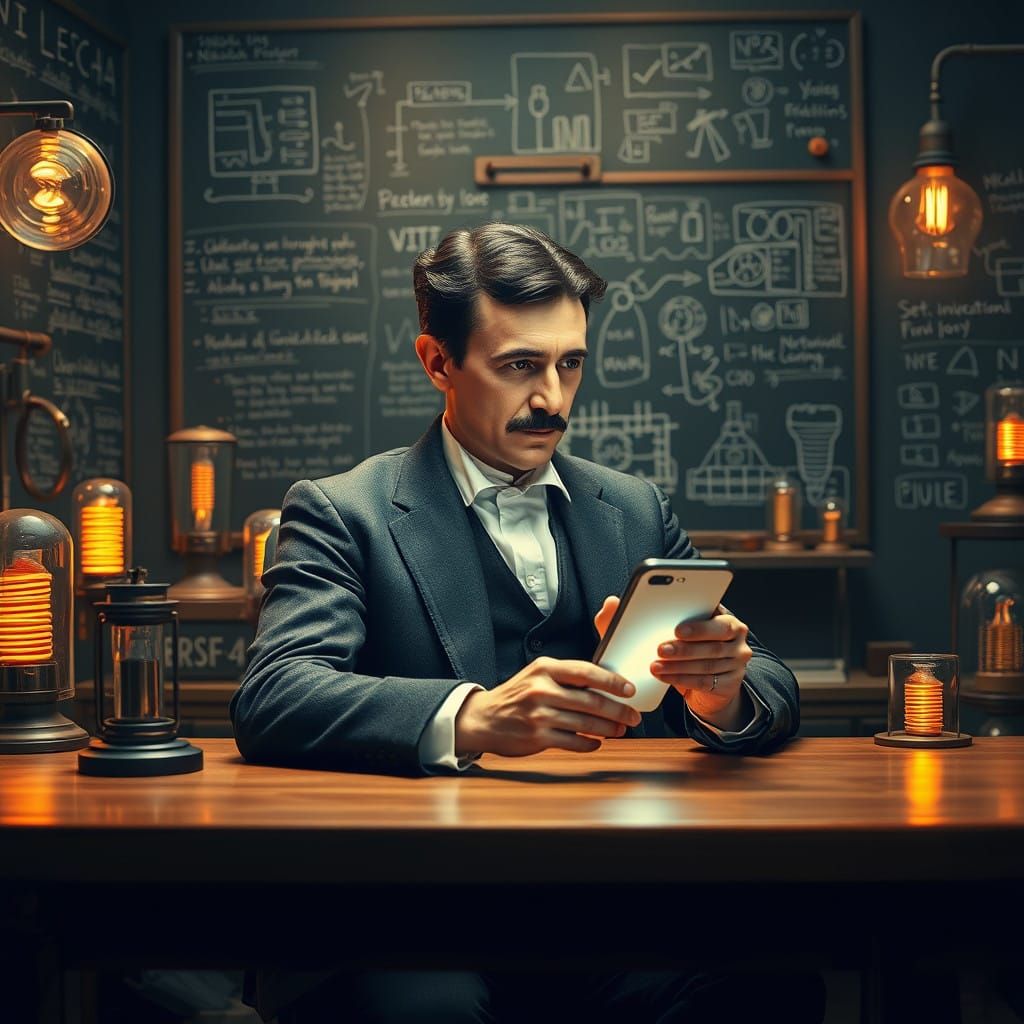 Nikola Tesla Contemplates Modern Innovation in Vintage Setti...