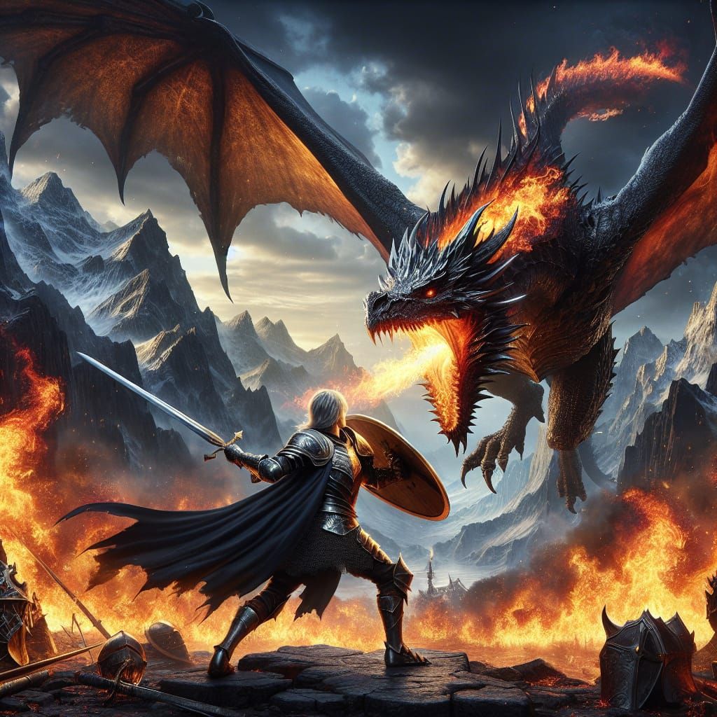 Knight and Dragon Clash in Fantasy Landscape