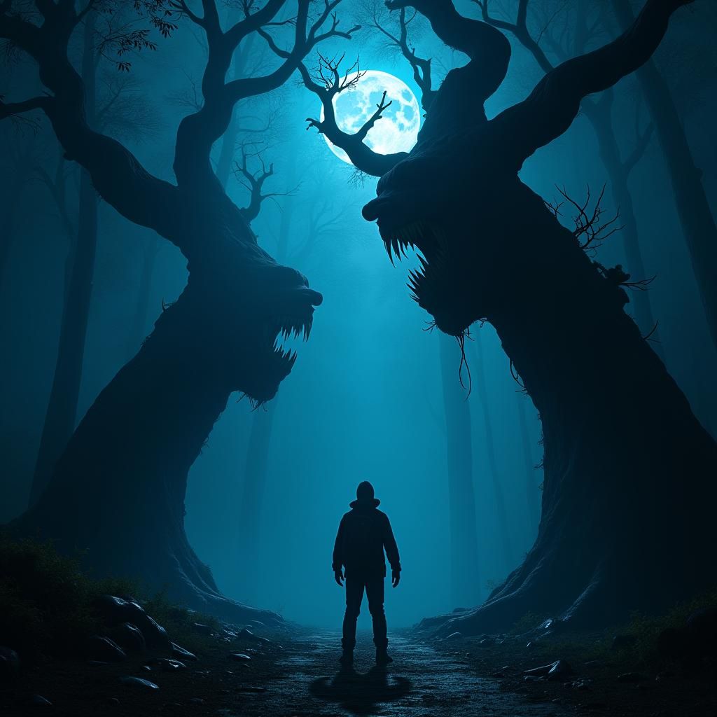 Frightened Traveler in Malevolent Forest: Photorealistic Ren...
