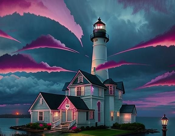 Lighthouse in Pink and Purple Rain, Kinkade Style