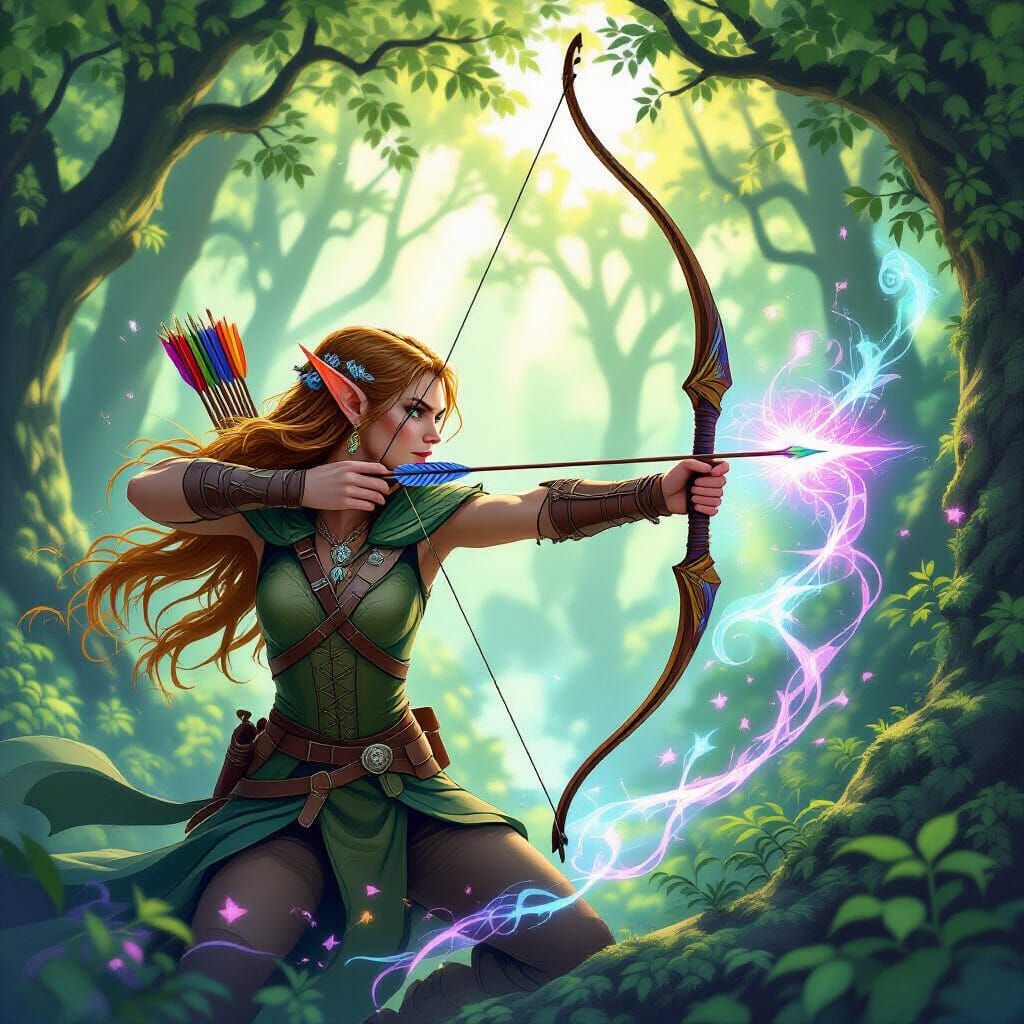 Fantasy Archer Shoots Color Pencil Arrow in Mystical Forest