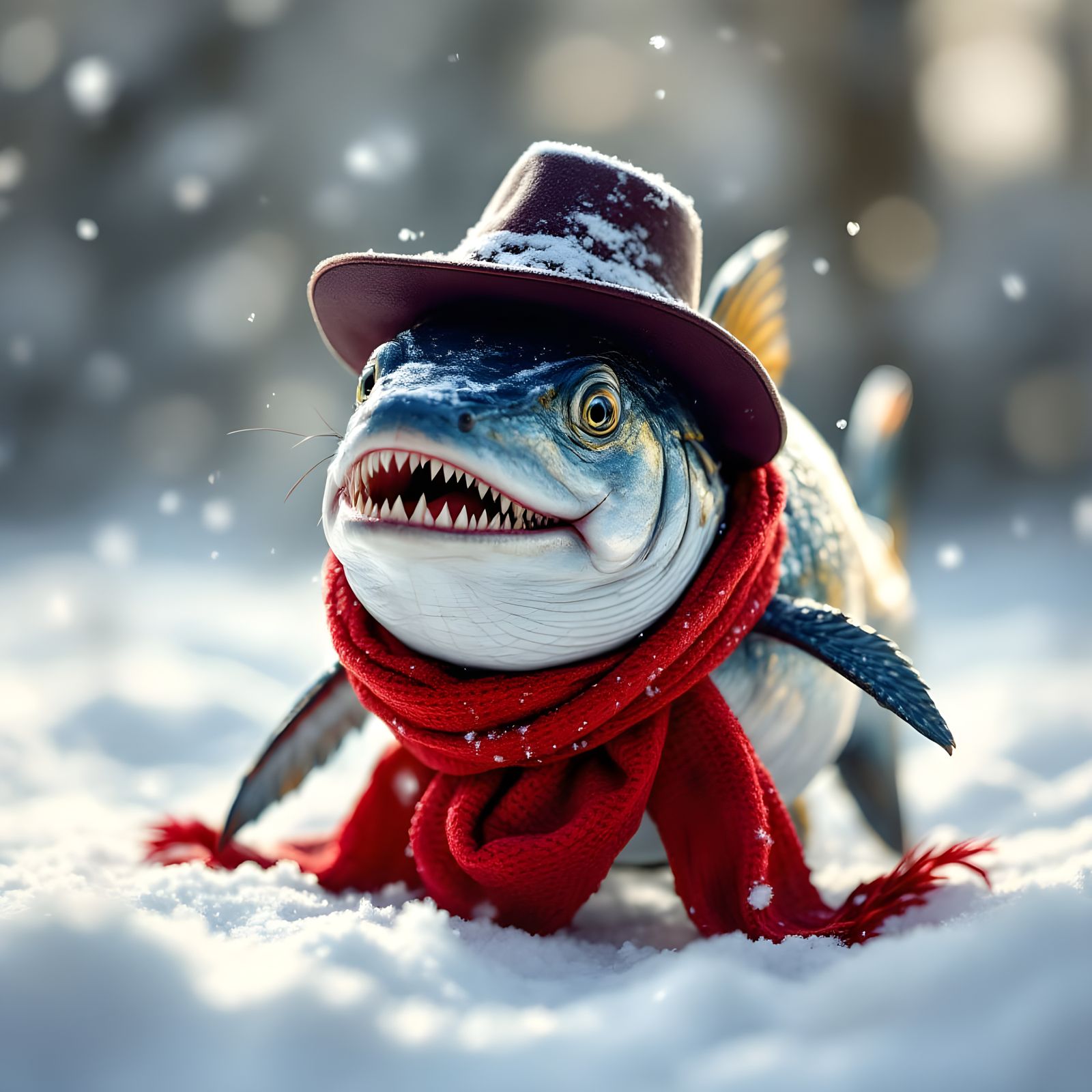 A Friendly Piranha Wears Holiday Cheer in a Winter Wonderlan...