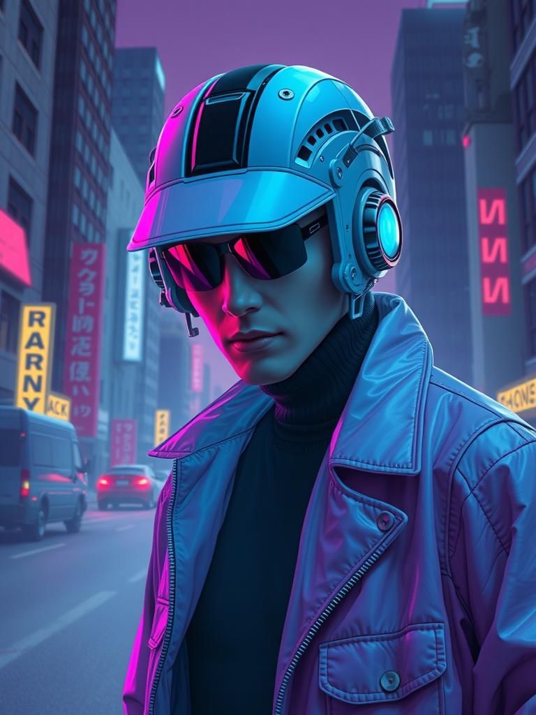 Cyborg Detective in Neon Cyberpunk Cityscape