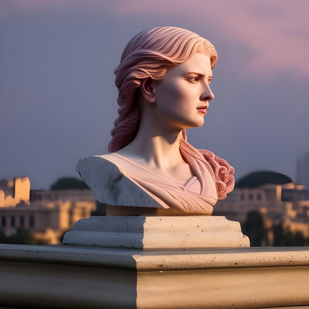 Detailed Pink Marble Bust Against Ancient Ruins