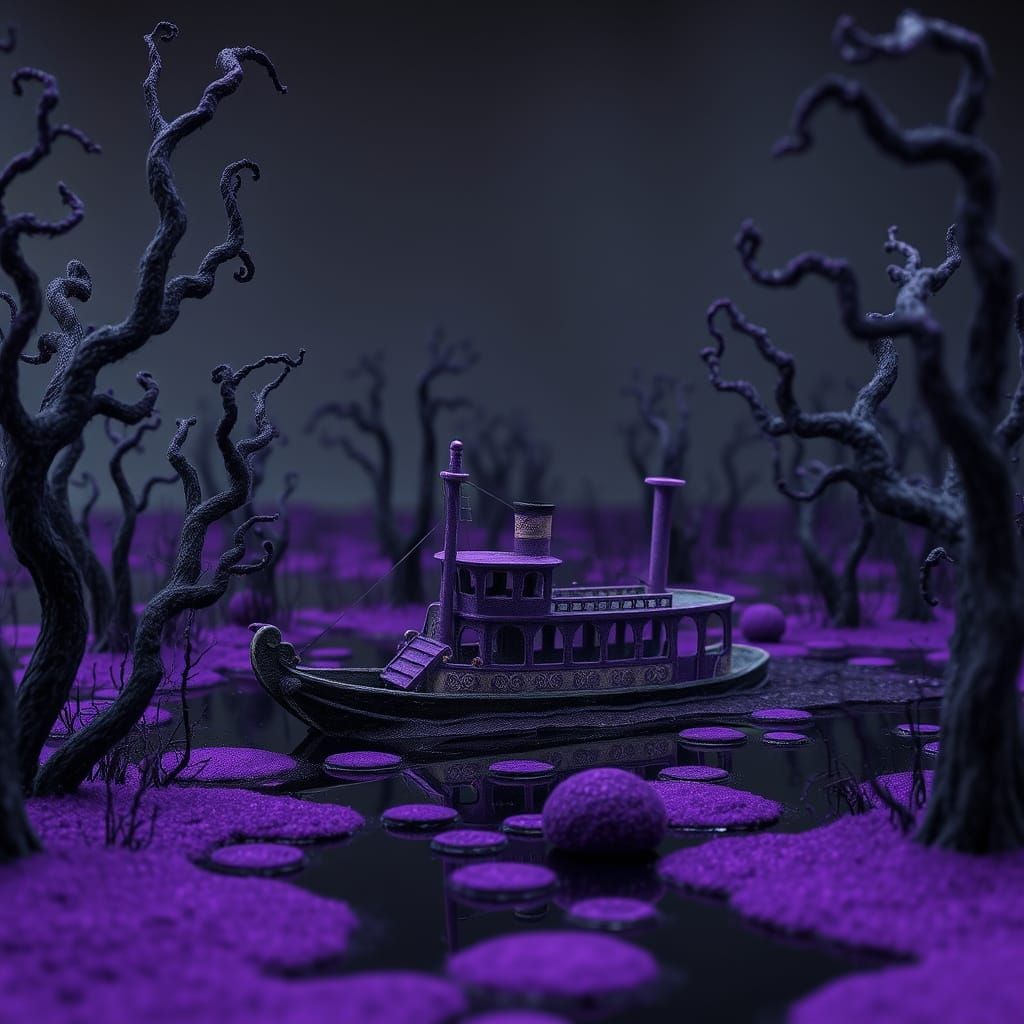 Dark Purple Felted Swamp Steamer with Twisted Trees