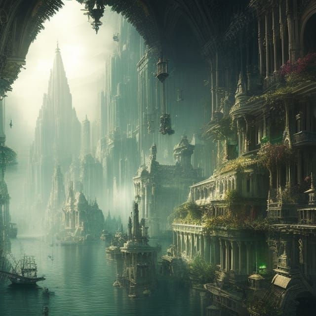 Futuristic City with Floating Figures in Digital Matte Paint...