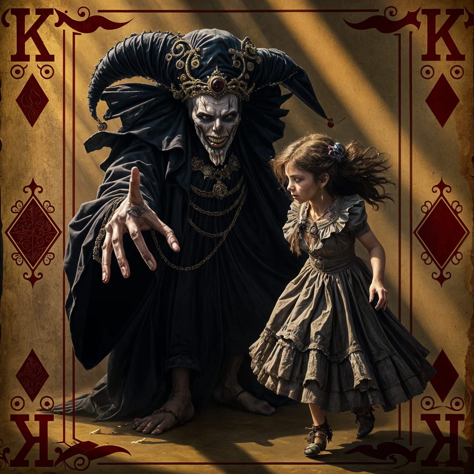 Steampunk Jester Queen Menaces Fleeing Girl in Dark, Victori...