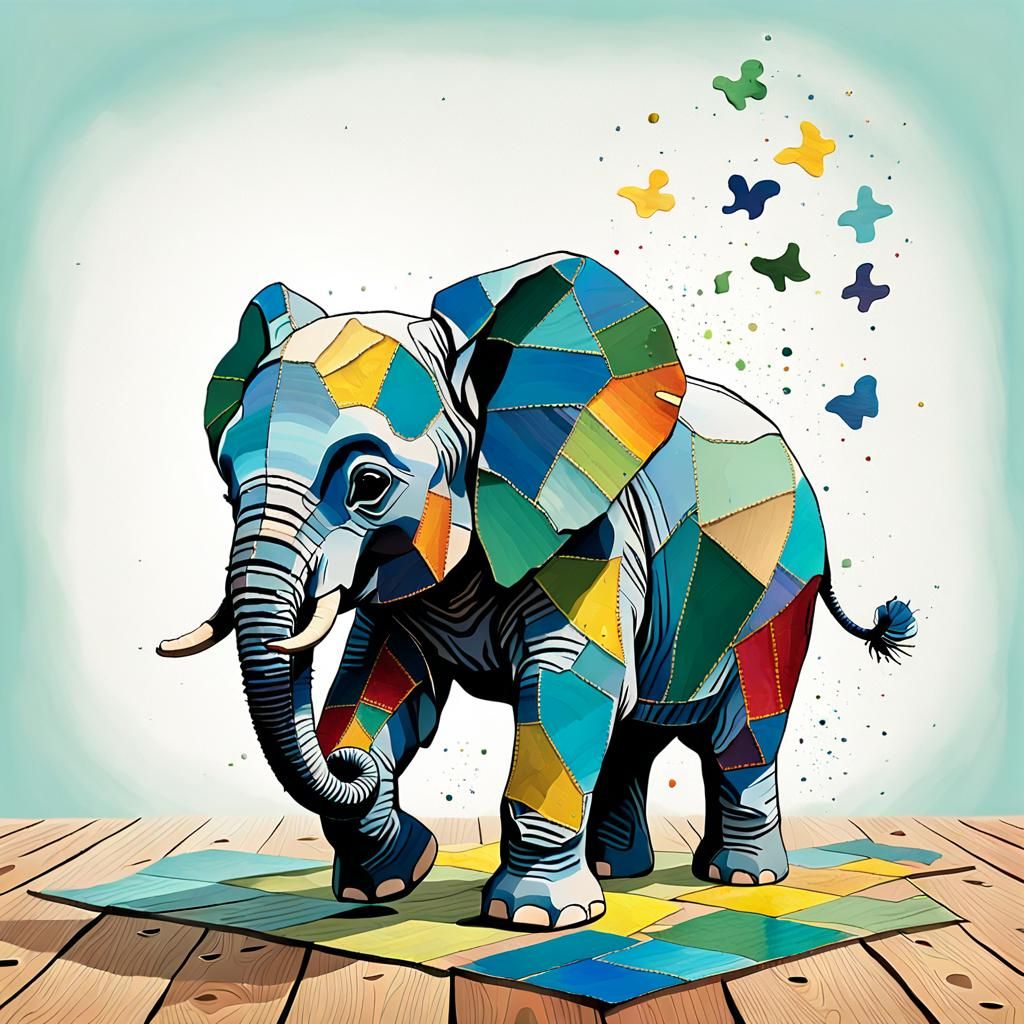 Patchwork Elephant Falls: A Joyful Children's Illustration