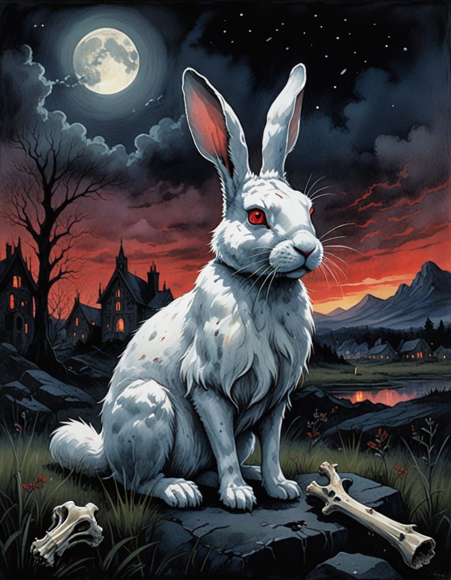 Carnivorous Rabbit with Glowing Eyes Eating Bone in Twilight