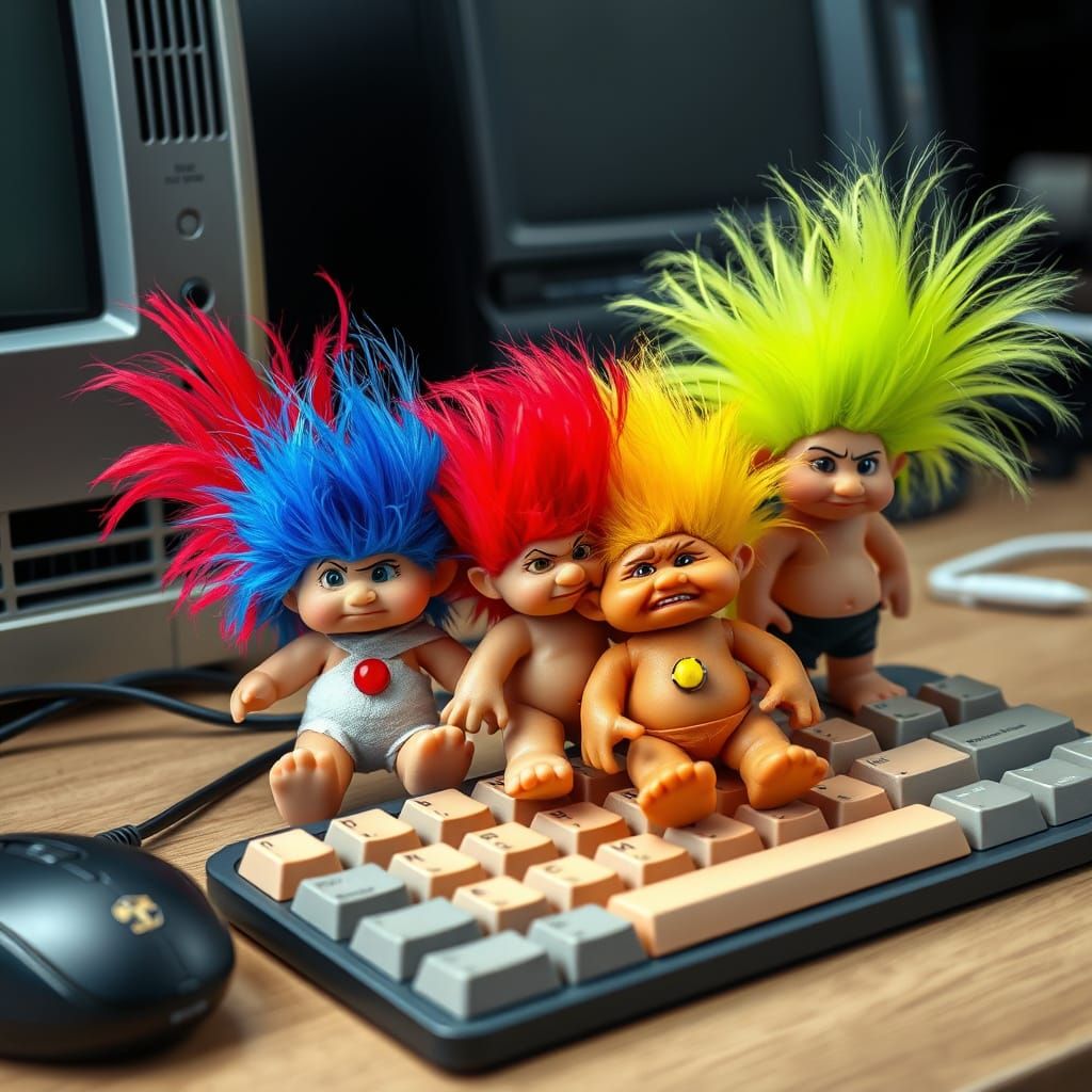 Troll Dolls Stomping a Computer Keyboard
