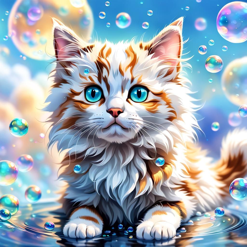 Fluffy Calico Kitten in a Bubble Fantasy