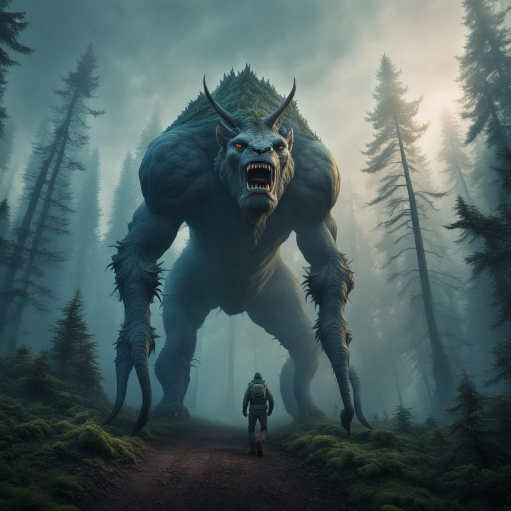 Colossal Creature Emerges from Foggy Forest