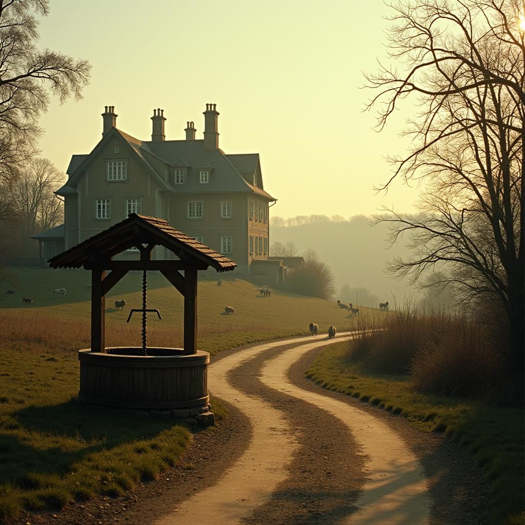 Serene Village Landscape with Grand Mansion in Cinematic Lig...