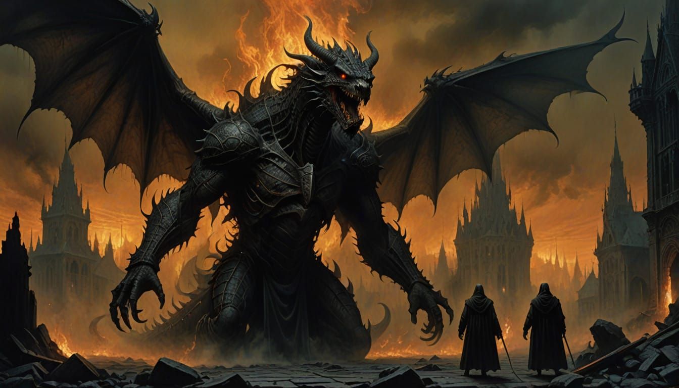 Terror of the Medieval Village as a Monstrous Dragon Emerges