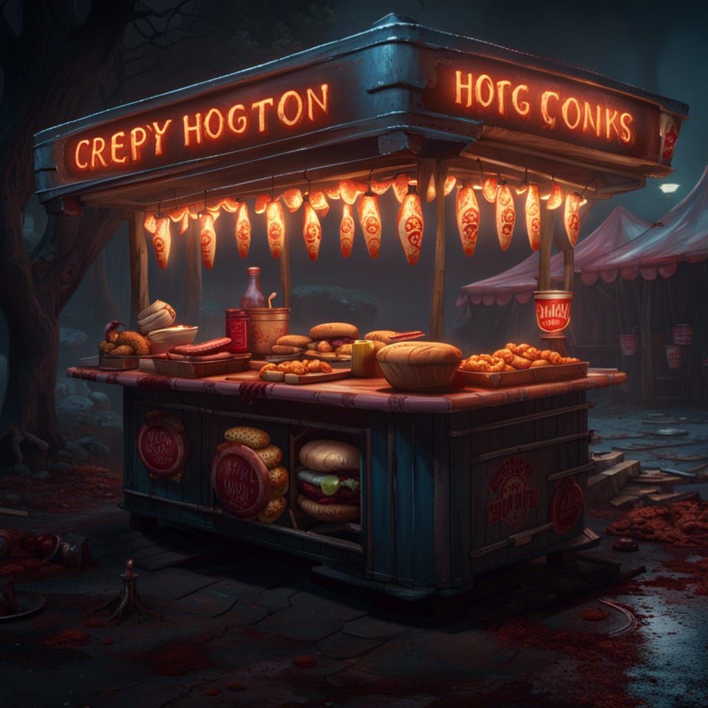 detailed creepy hotdog stand, horror, a masterpiece, 8k reso...