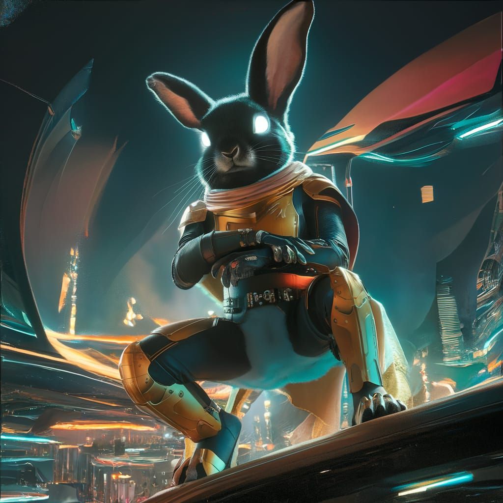 Aetherpunk Rabbit Warrior on Cyberpunk Cityscape