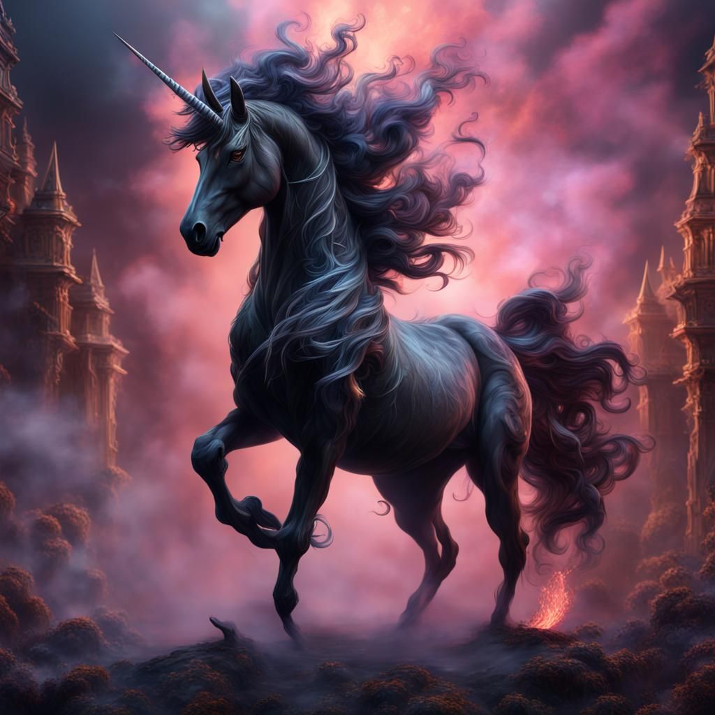 Fantastical Black Smoke Unicorn: Detailed Matte Painting