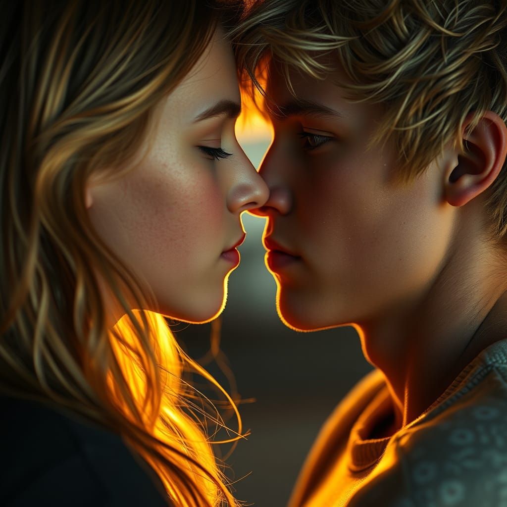 Teen Romance in Golden Light: Hyperrealistic Digital Art