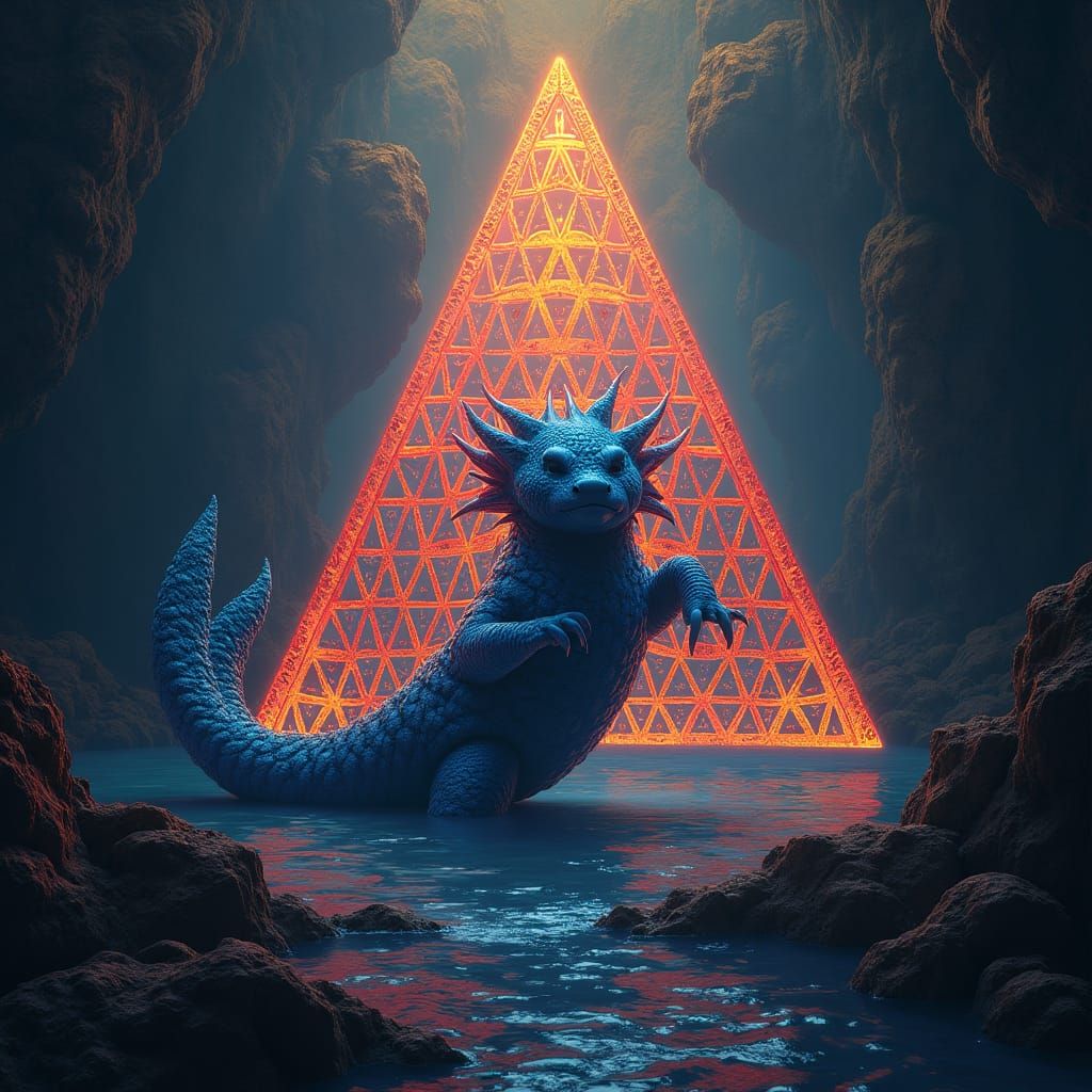 Mystical Axolotl in Triangular Lattice, Digital Painting