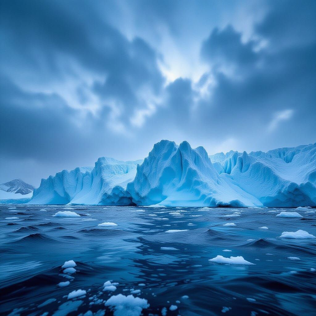 Colossal Glacier Calving into Icy Sea Under Stormy Sky