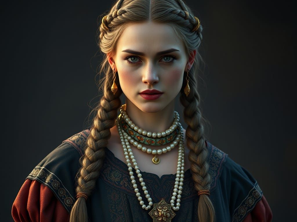 Regal Woman in 10th-Century Viking-Inspired Finery in Stunni...