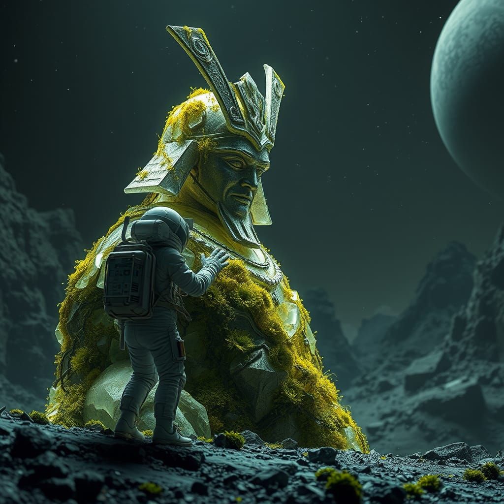 Astronaut and Overgrown Crystal Samurai Statue