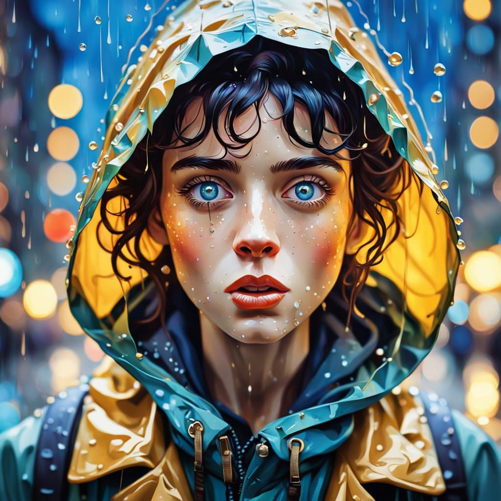 Woman Catches Raindrops in City Street