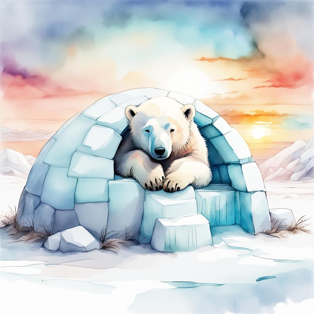 Baby Polar Bear Igloo Nap: Watercolor Arctic Sunset
