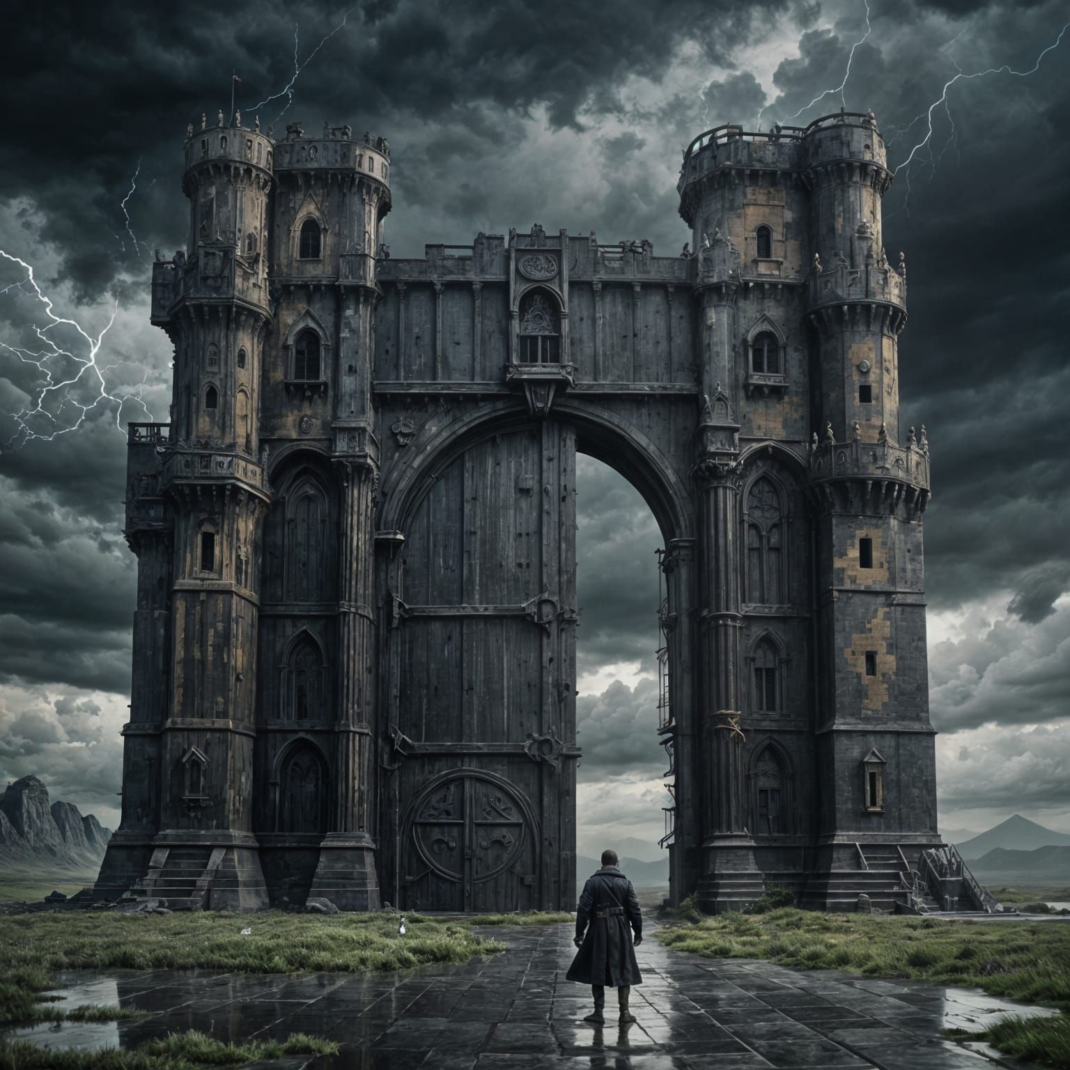 Lone Wanderer at Castle Doors Under Stormy Sky