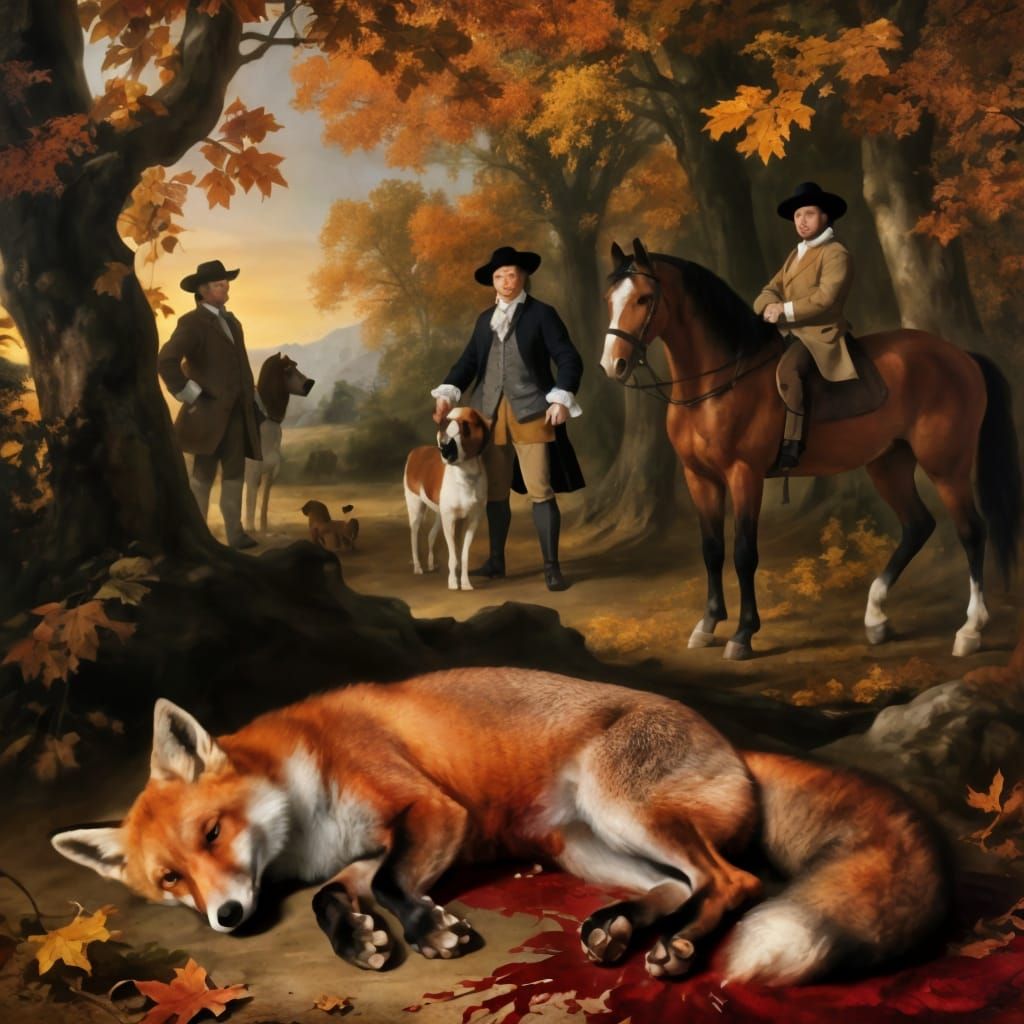 Baroque Oil Painting of a Dying Fox in Autumn Woods