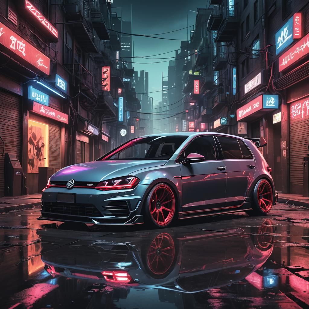 Cyberpunk VW Golf 7R in Neon Cityscape