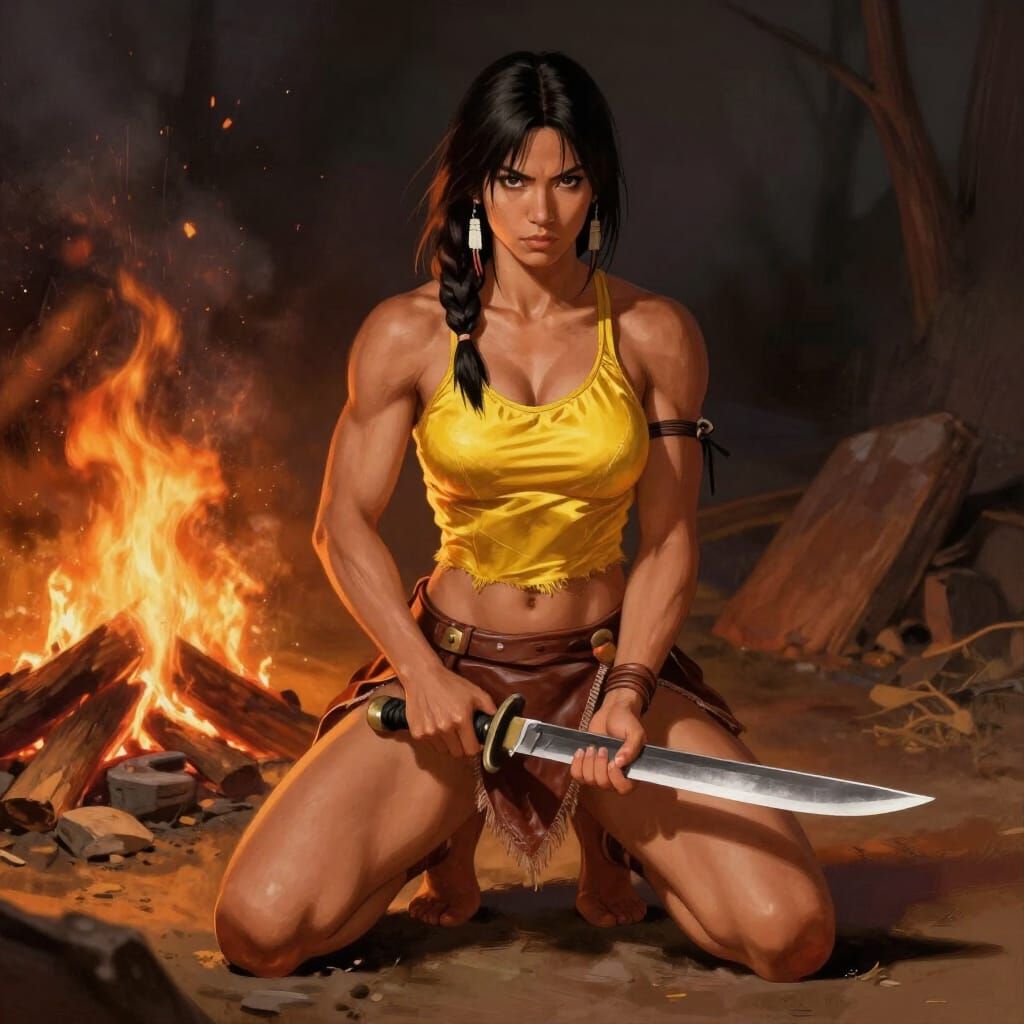Native Warrior Woman Prepares for Combat by Firelight
