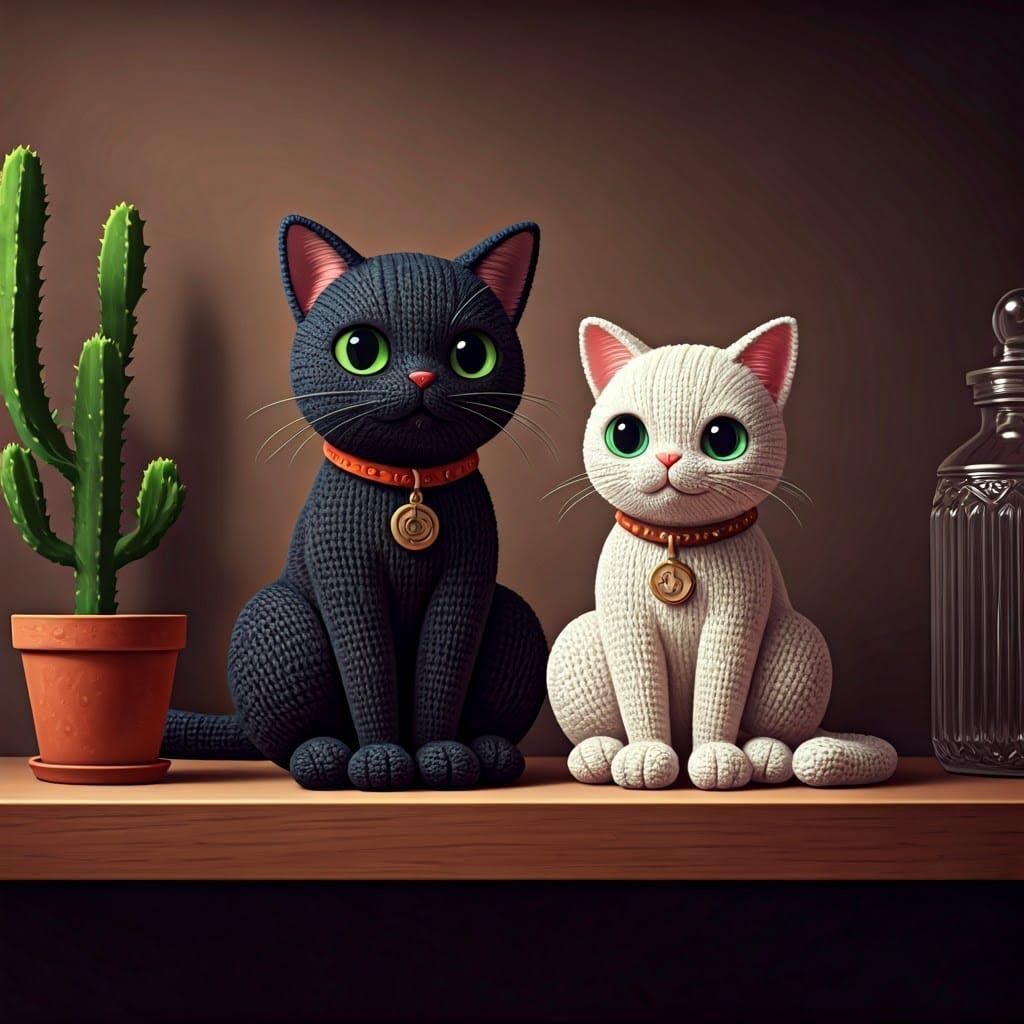 Cute Knitted Cats Sit on Shelf in Detailed 3D Anime Art