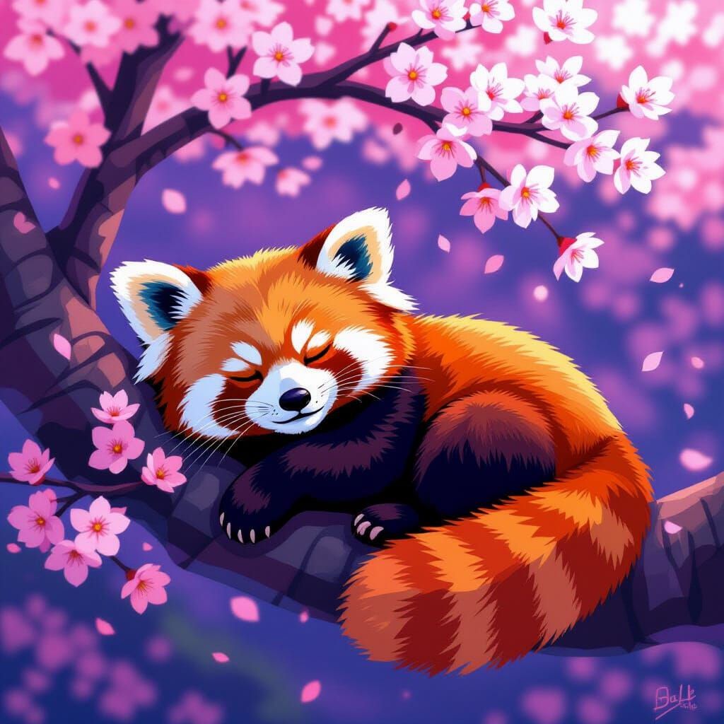 Red Panda Sleeps in Cherry Blossoms, Cell Shaded Style