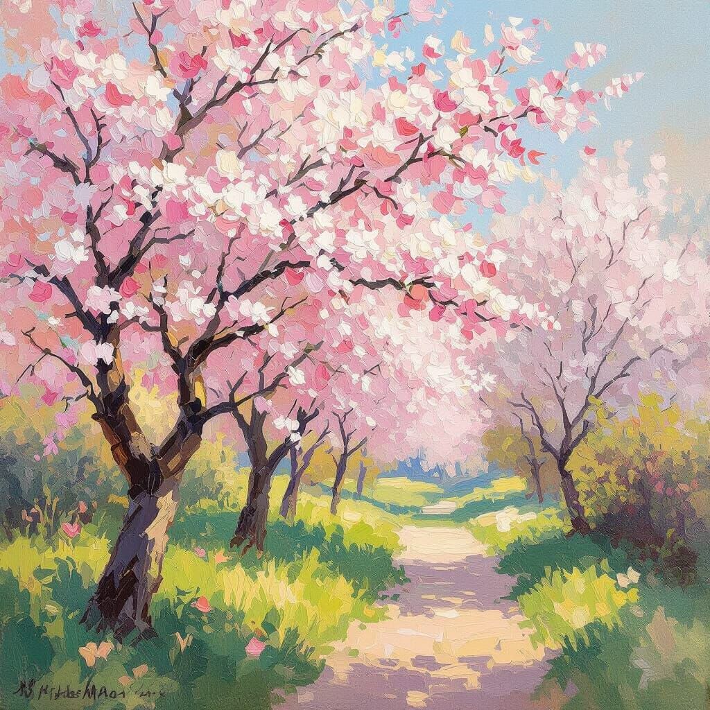 Impressionist Spring Trees Bursting With Pink and White Blos...