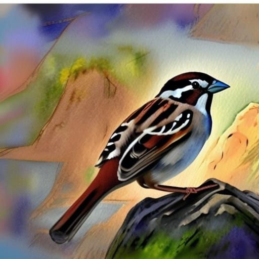 Sparrow at Hkakabo Razi: Gouache Impressionist Masterpiece